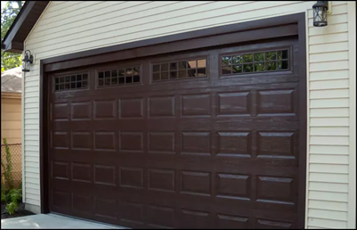 Standard Steel one piece and sectional raised panel garage door ( Short Panel ) Brown with Stockton windows